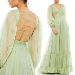 Mac Duggal Size 0 Light Green Chiffon Corset Lace Up Back Long Sleeve Maxi Dress